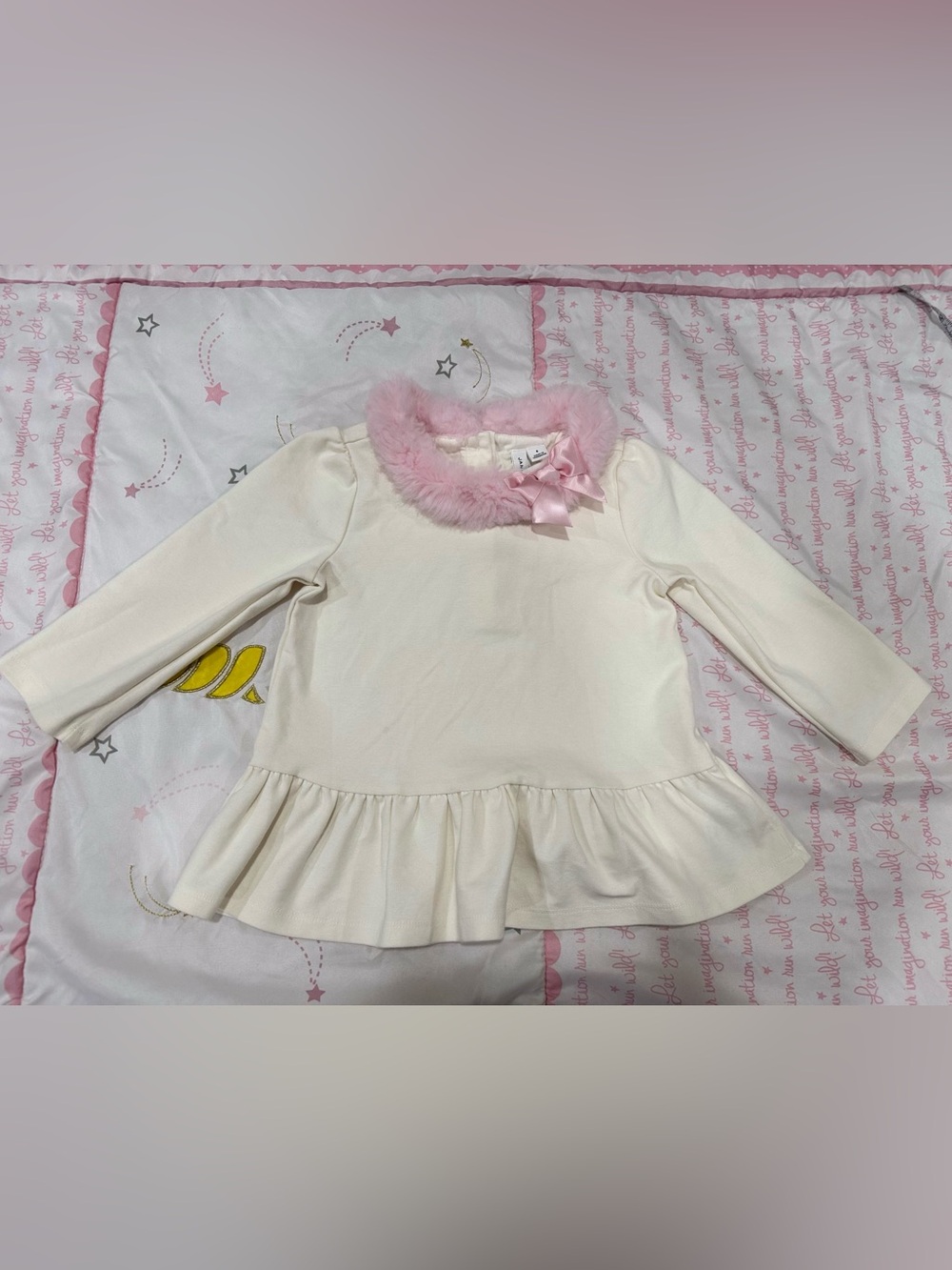6, Janie and Jack Cream Top with Pink Faux Fur Collar